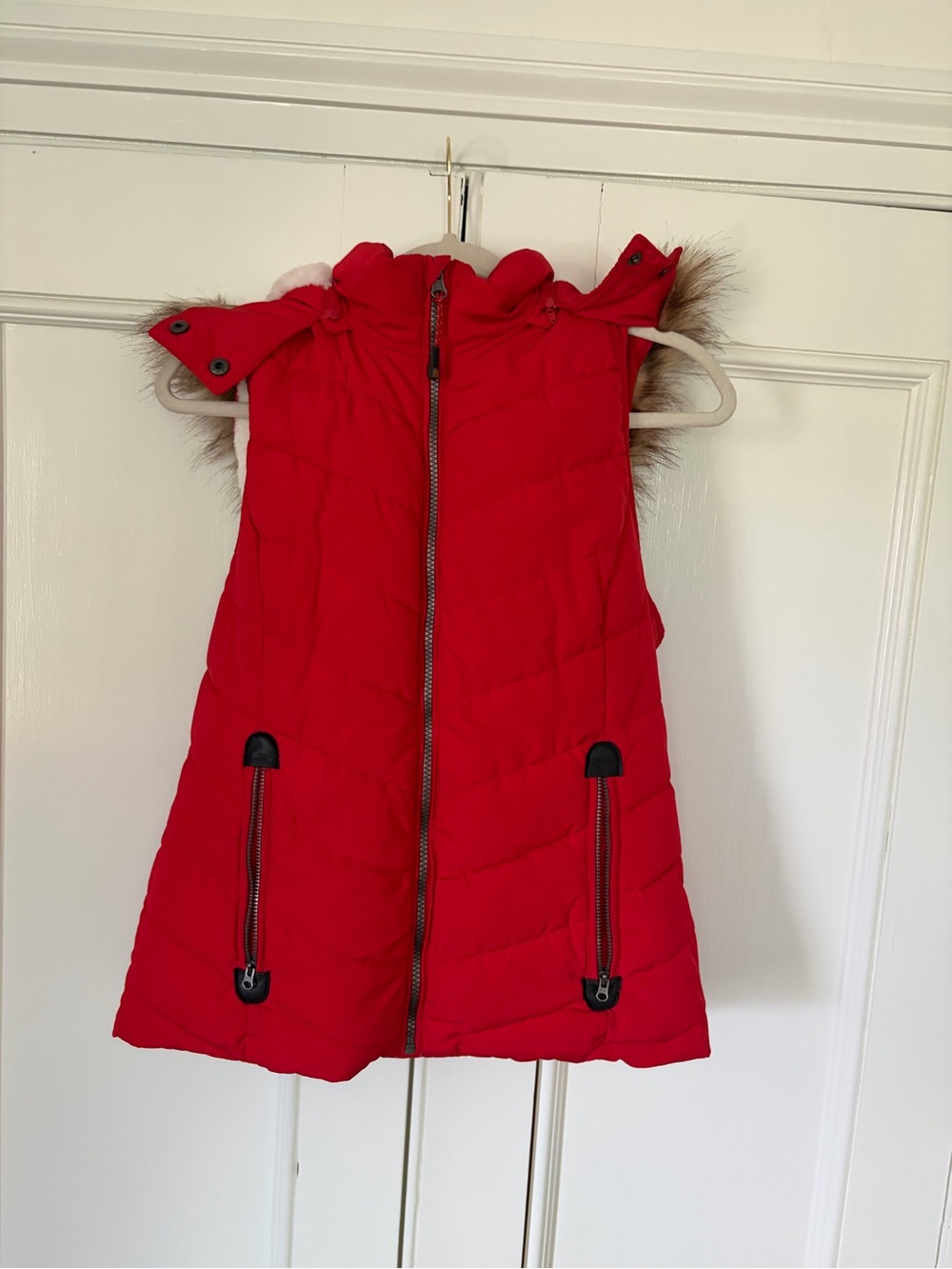 Red Quilted Hooded Puffer Vest with Fur Trim